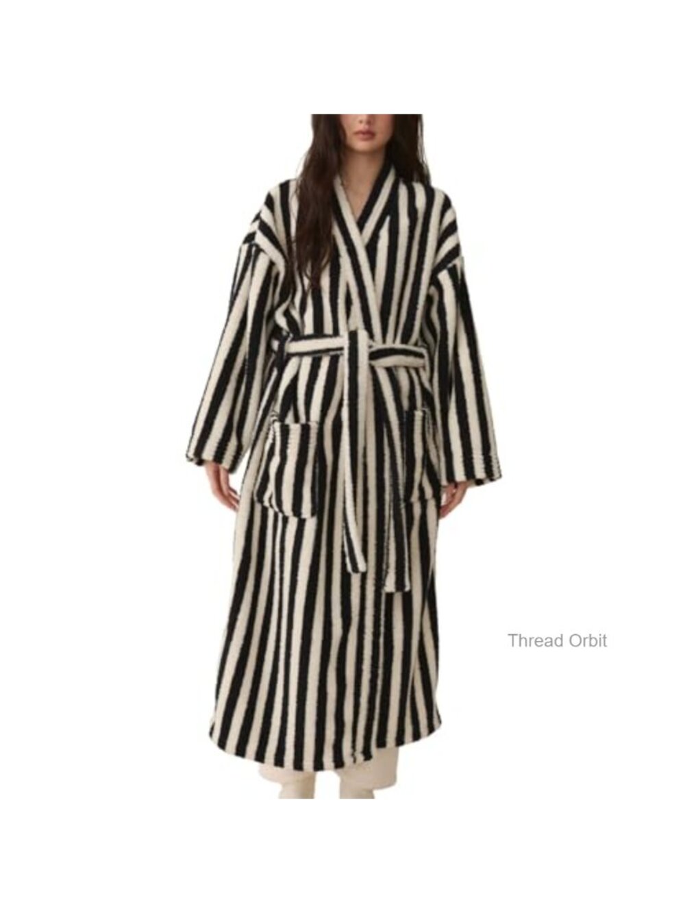 Women's Fuzzy Fleece Long Robe Striped Plush Kimono Warm Thick Fluffy Oversized